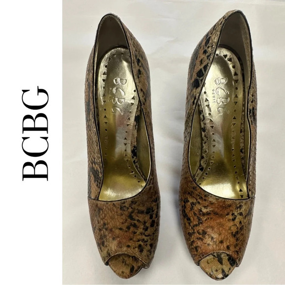 🛍️3/$40 BCBG Open Toe Platform Heel Shoe Snakeskin Brown Leather Upper Size 6.5 - Picture 5 of 9
